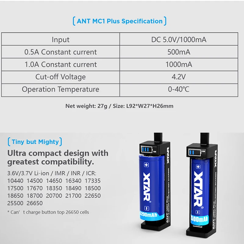 Зарядное устройство XTAR MC1 MC1PLUS SC1 USB зарядное для перезаряжаемых литий-ионных