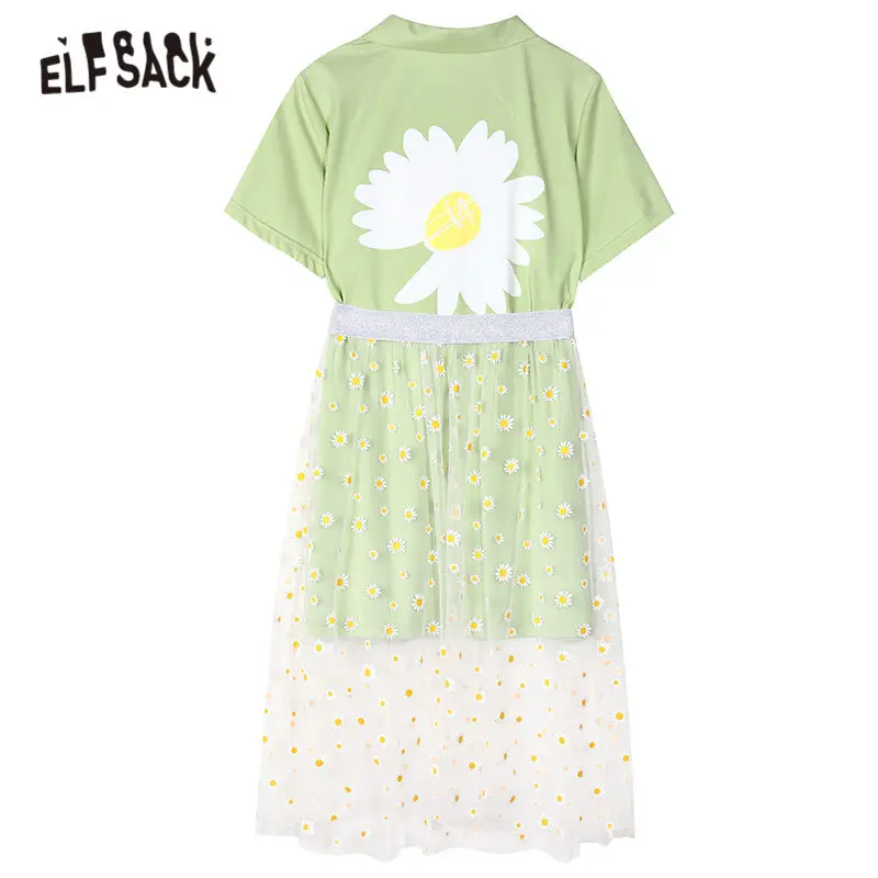 

ELFSACK Green Daisy Flowers Print Casual Mesh Dress Women 2020 Summer ELF Black Vintage Korean Girly Daily Sweet Midi Dresses