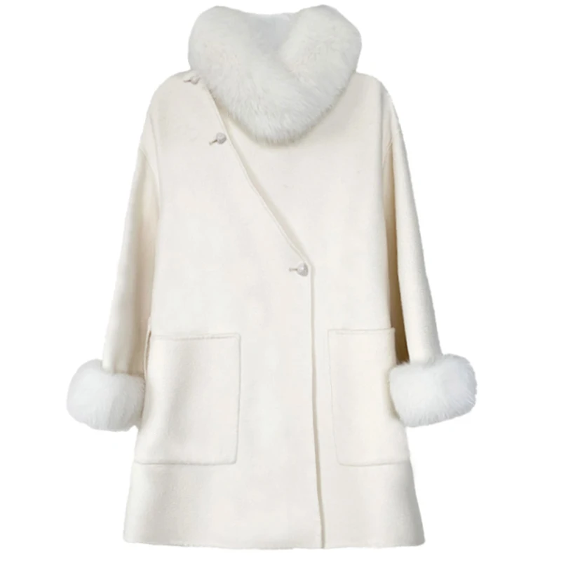 

Water Ripple Wool Coats Round Neck With Real Fox Fur Collar Fashion Temperament Ladies Loose Korean Medium Length Jackets