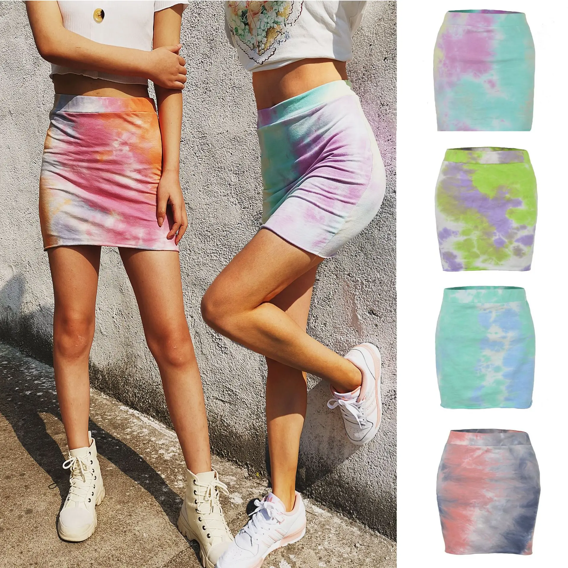 Sexy Women Tie Dyed Print Skirt Summer High Waist Mini Short Bodycon Femme Slim Package Hip Kpop Style L0155 | Женская одежда