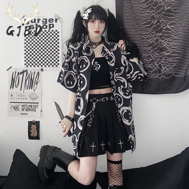 

Женская блузка с коротким рукавом, уличная одежда в стиле Харадзюку, готический воротник поло, корейский модный топ, мешковатые рубашки на п...