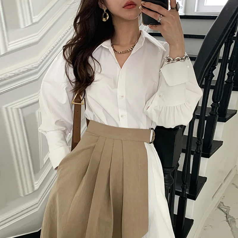 

Women Clothes 2020 White Party Dress Office Dress Irregular Shirt Dress Elegant Long Sleeve Female Pleated Dress Spring 2 Pieces