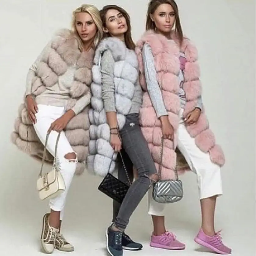 Длиной 90 см жилет из натурального Лисьего меха пальто Женское длинное меховое