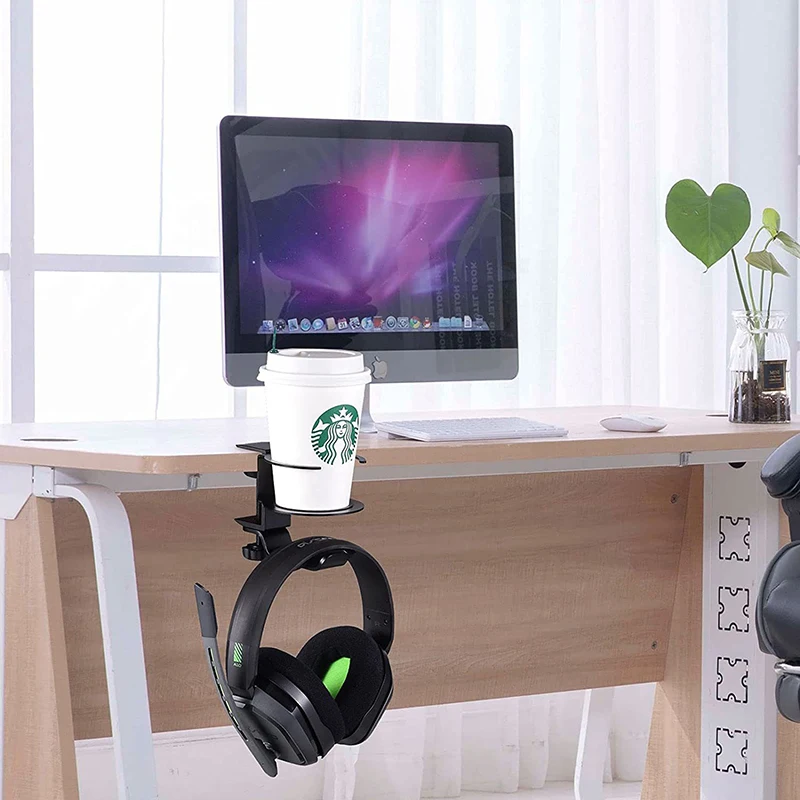 

2 In 1 PC Gaming Headset Stand 360 Rotating Headphone Water Cup Holder Headphone Holder Headset Bracket Hanger Metal Wall Clamp