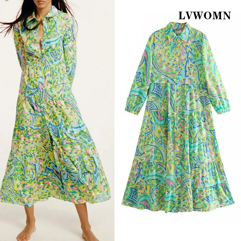 Женское длинное платье в стиле ретро LVWOMN Za повседневные дамские платья с принтом