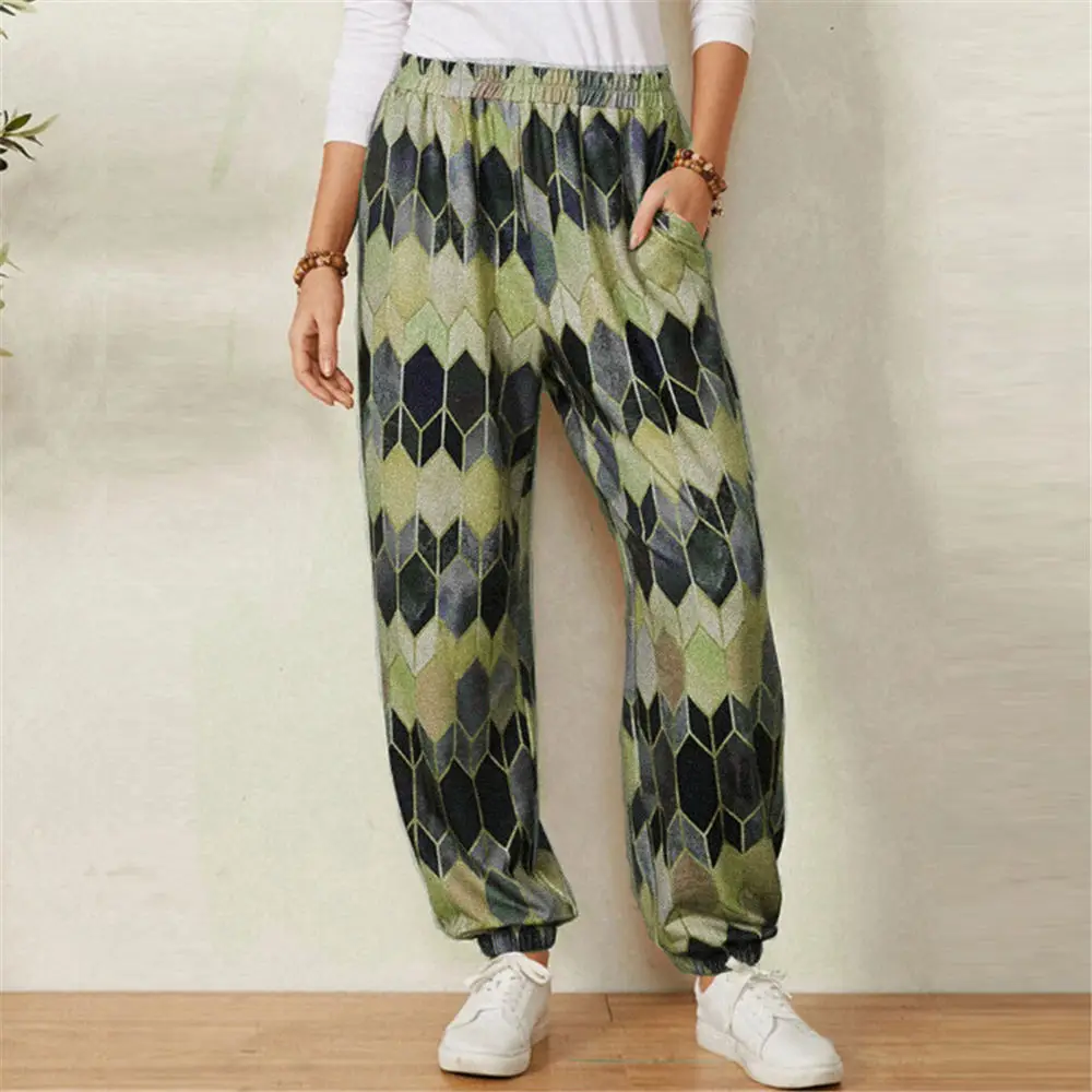 

Women Hip-Hop Pants Vintage Diamond Lattice Pattern Wide Leg Trousers Loose Chic Harajuku Geometric Print Sweatpants