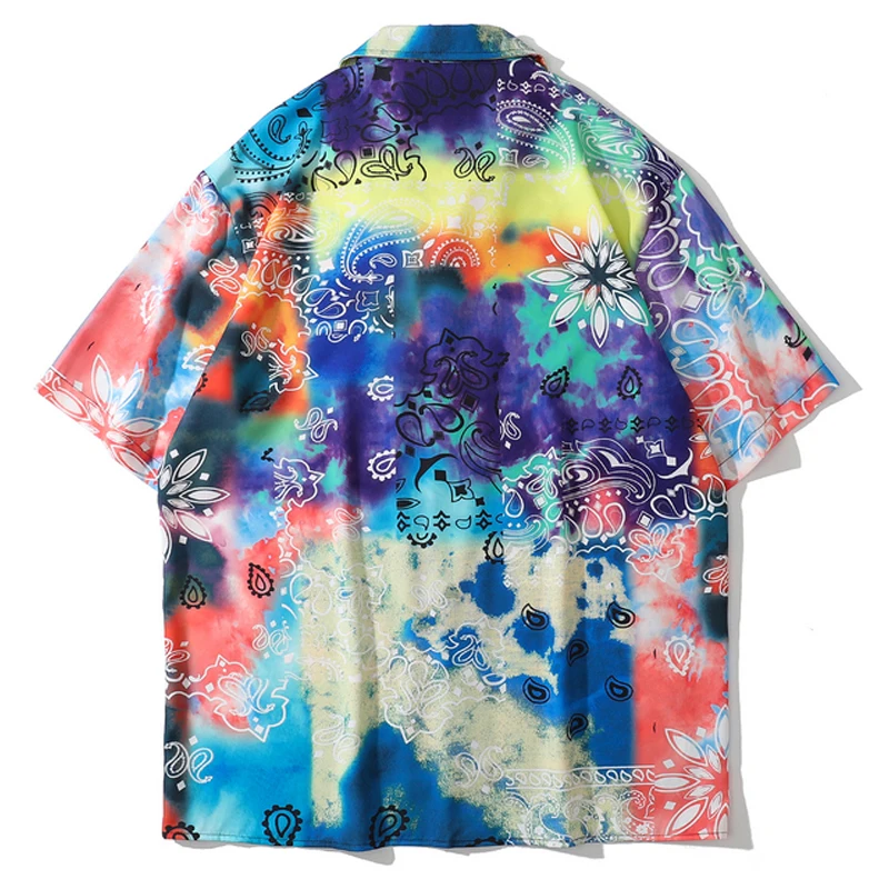 

Men Harajuku Tie Dye Paisley Printed Shirt Blouse Unisex Oversize Short Sleeve 2021Summer Hawaii Beach Holiday Loose Shirts