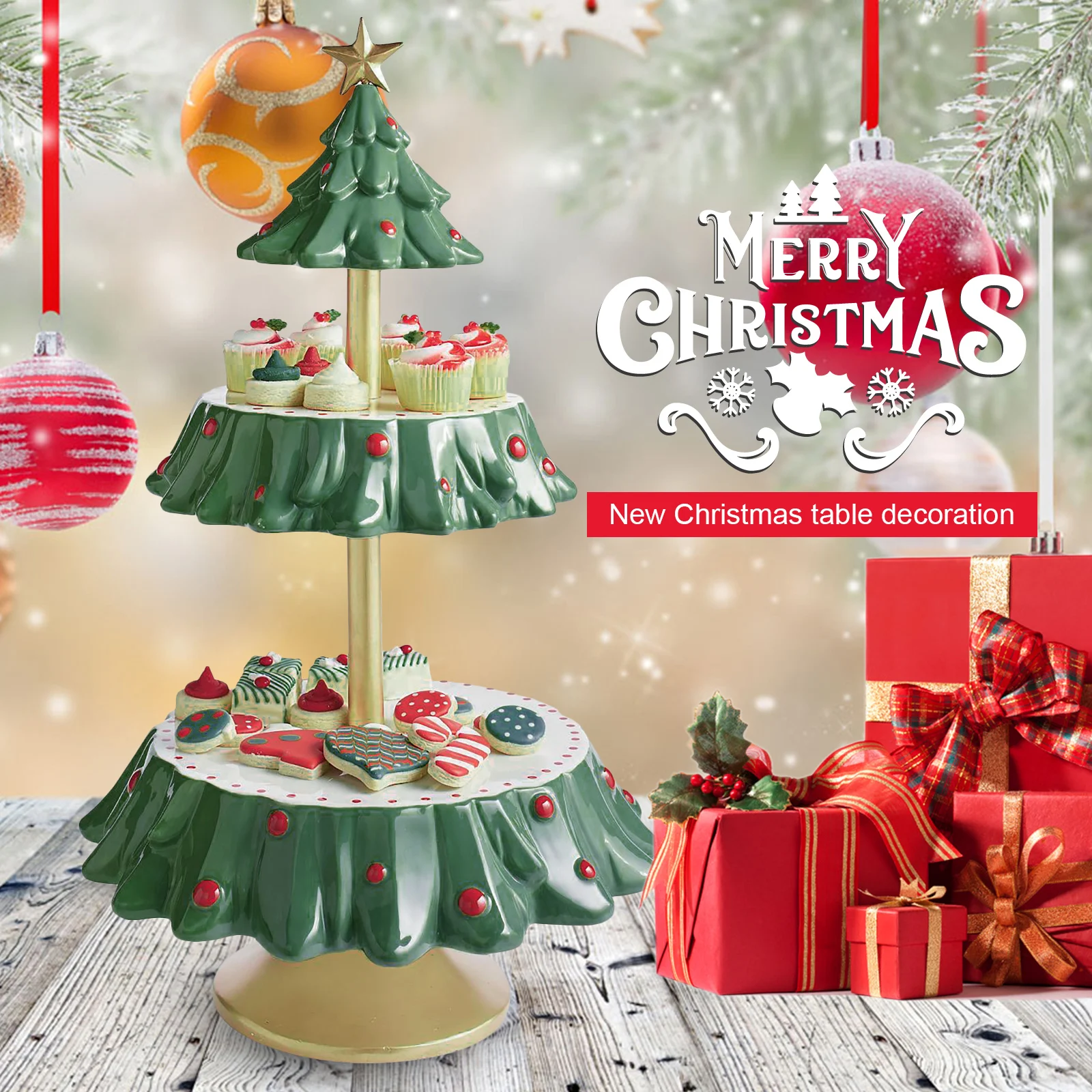 Christmas Snack Stand Two-Tier Food Serving Tray Cupcake Holder Dessert Bread Candy Bowl Display for Party Christmas Decorations