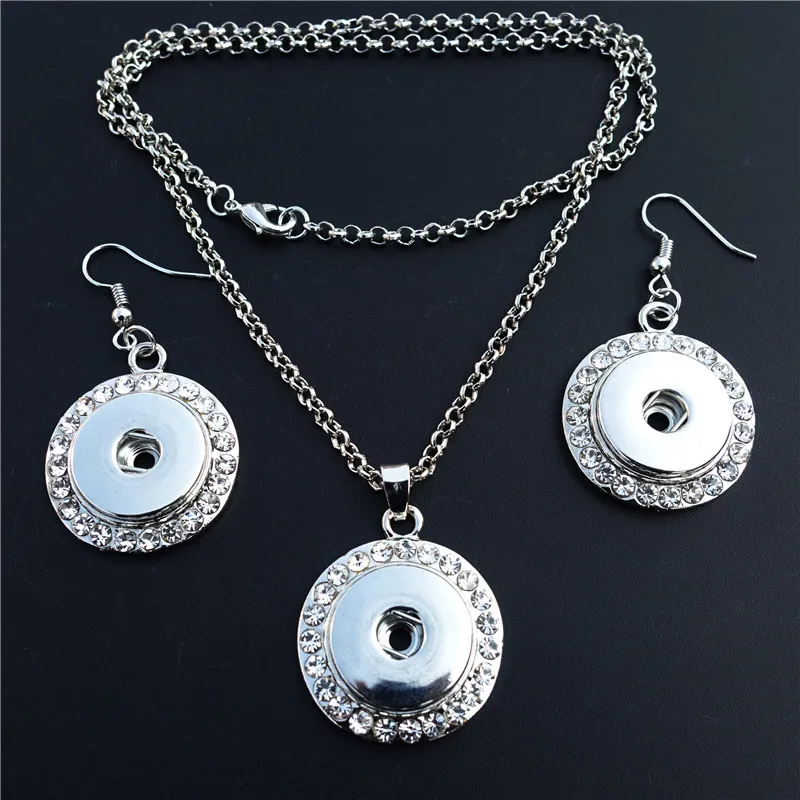

Crystal Rhinestone Jewelry Set Metal Fashion 18mm Snap Buttons Necklace Earrings