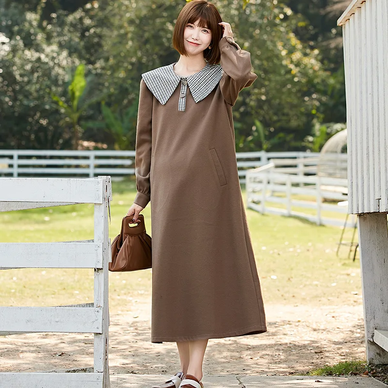 

Winter Brown Pregnant Woman Super Long Woolen Houndstooth Pregnant Woman Doll Collar Long-sleeved Casual Dress Photography XL