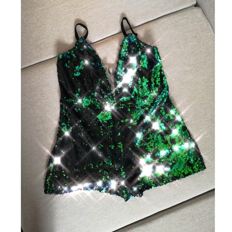 

Sequins Women CCCC 2021 Deep V Neck Playsuit Sexy Sheath Sleeveless Shorts Jumpsuit For Night Club Party Fashion Rompers