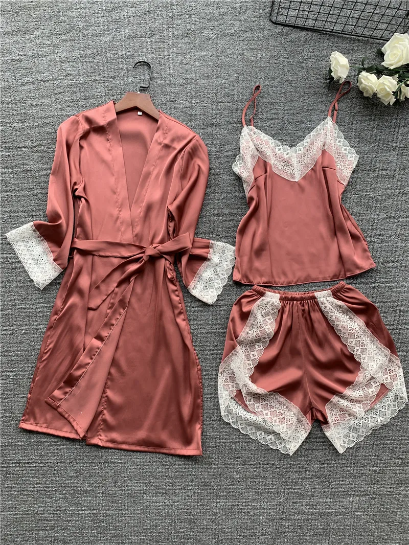 

Spring Autumn Women Sexy Silk Satin Sleepwear Set Lace Pajama Set 3 Pieces Robe+Slip Top+short Pant Fashion Nightwear Homewear