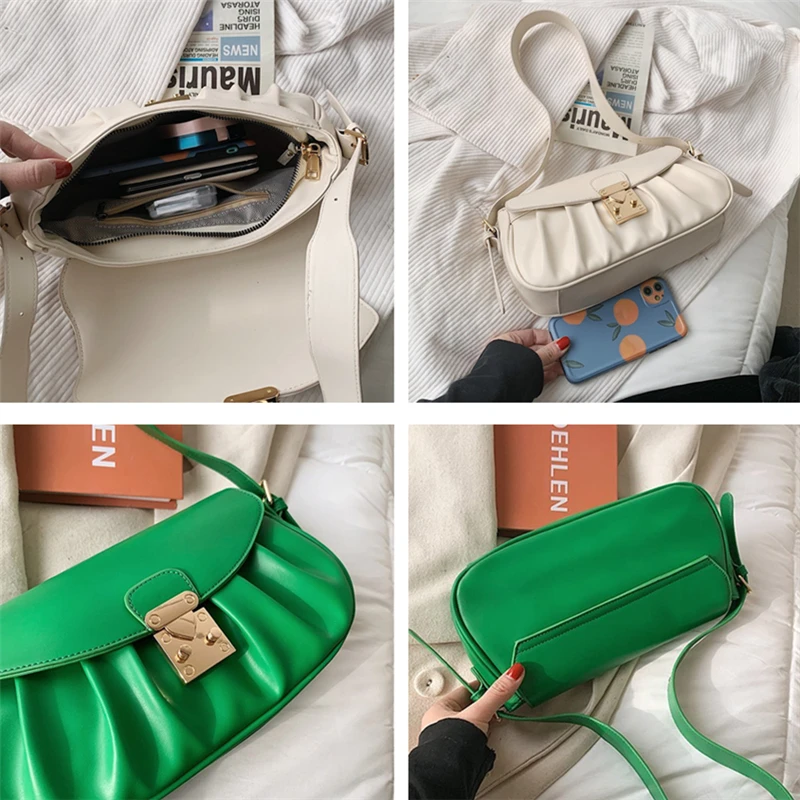 

Chic Design Solid Ruched Baguette Shoulder Bags For Women Fashion Wide Strap Underarm Bags High Quality PU Leather Clutch 2021