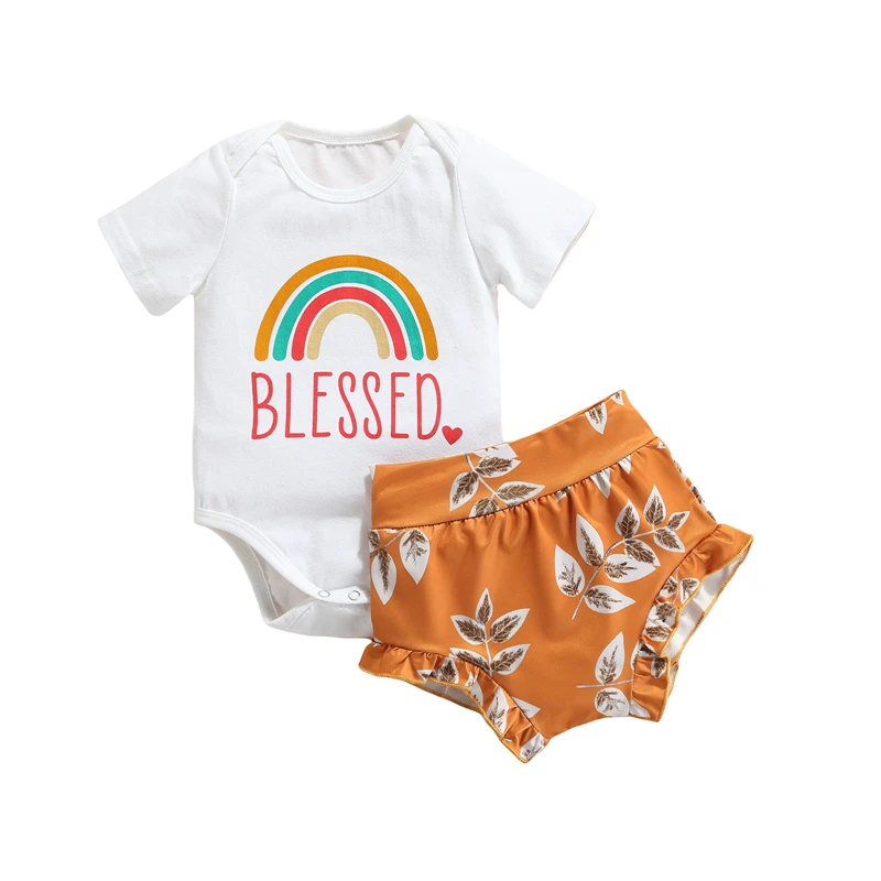 

2021 Toddlers Girls Summer Outfits Rainbow Print Short Sleeves Romper + Leaf Print Frilly Shorts for Girls 0-18 Months