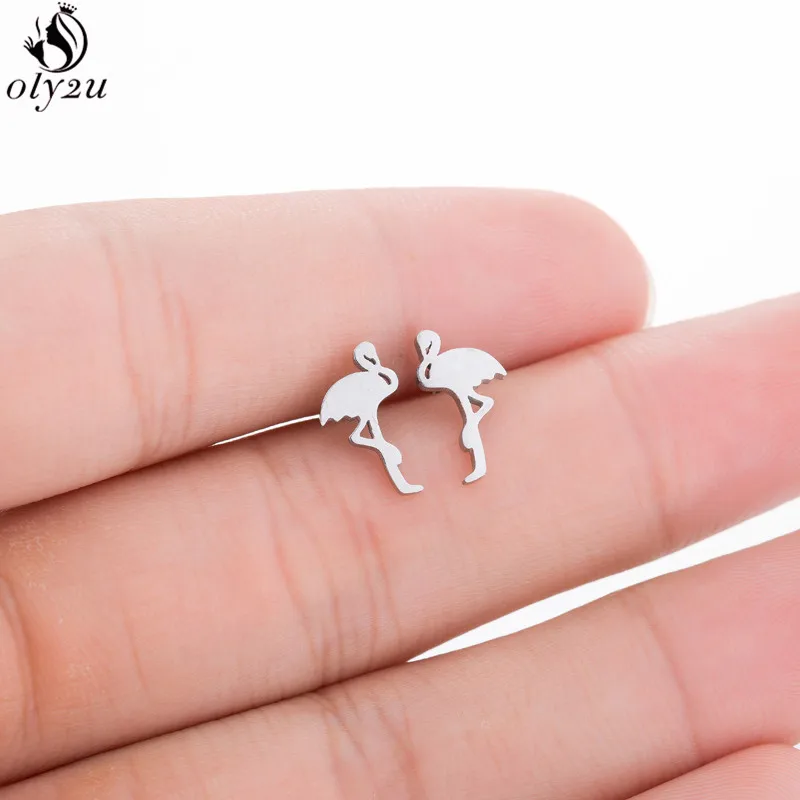 Женские и детские серьги гвоздики Oly2u из нержавеющей стали в виде фламинго с