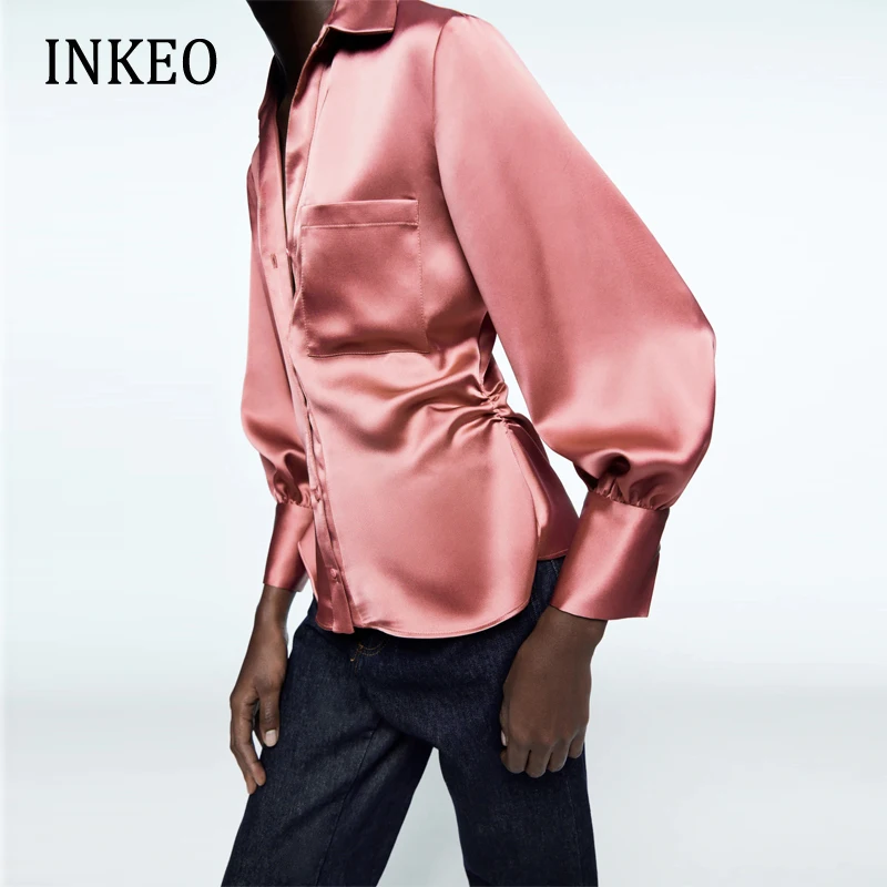 

Elegant Pink women blouses 2022 Spring Fashion Satin Soft Long sleeve Shirt tops Female Summer Folds Clothing Newest INKEO 1T101