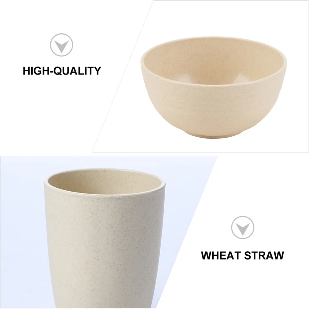 

4Pcs Food Wheat Straw Bowl Water Cup Serving Plate Housewarming Gifts (Beige)