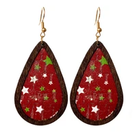 glitter leather teardrop wooden water drop dangle drop earrings for women christmas gift printing leather drops