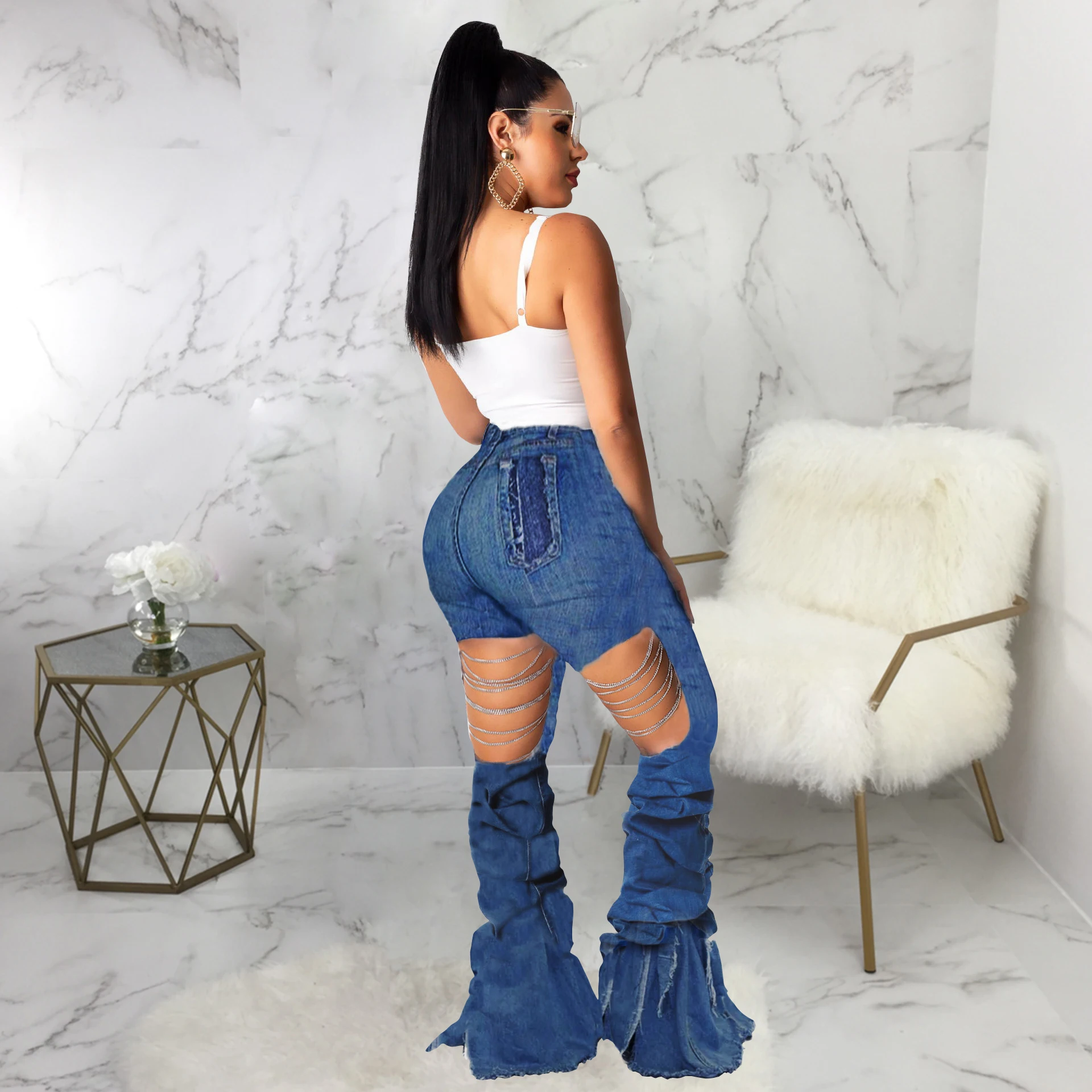 Wjustforu расклешенные женские джинсы с дырками сзади в стиле пэчворк обтягивающие