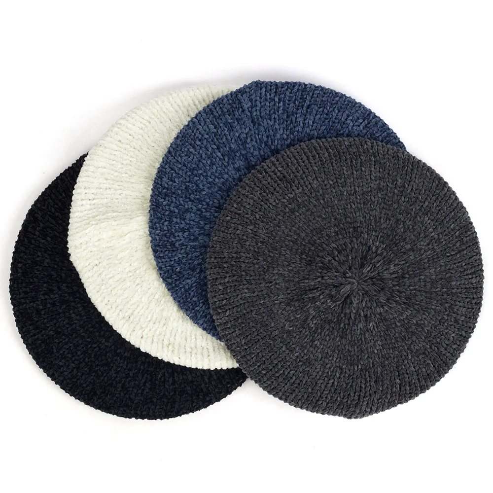 

Women Wool Knitted Chenille Berets Winter Warm Hats Female Casual Solid Color Soft Cap Fashion Girls Turban Wraps Spring Beanies