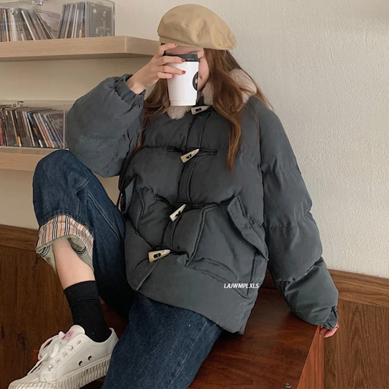 

Women Bread Winter Coat Wool Thicken Warm Fur Lapel Collar Down Jacket Pockets Zipper Parkas Outwear Loose Korean Style Overcoat
