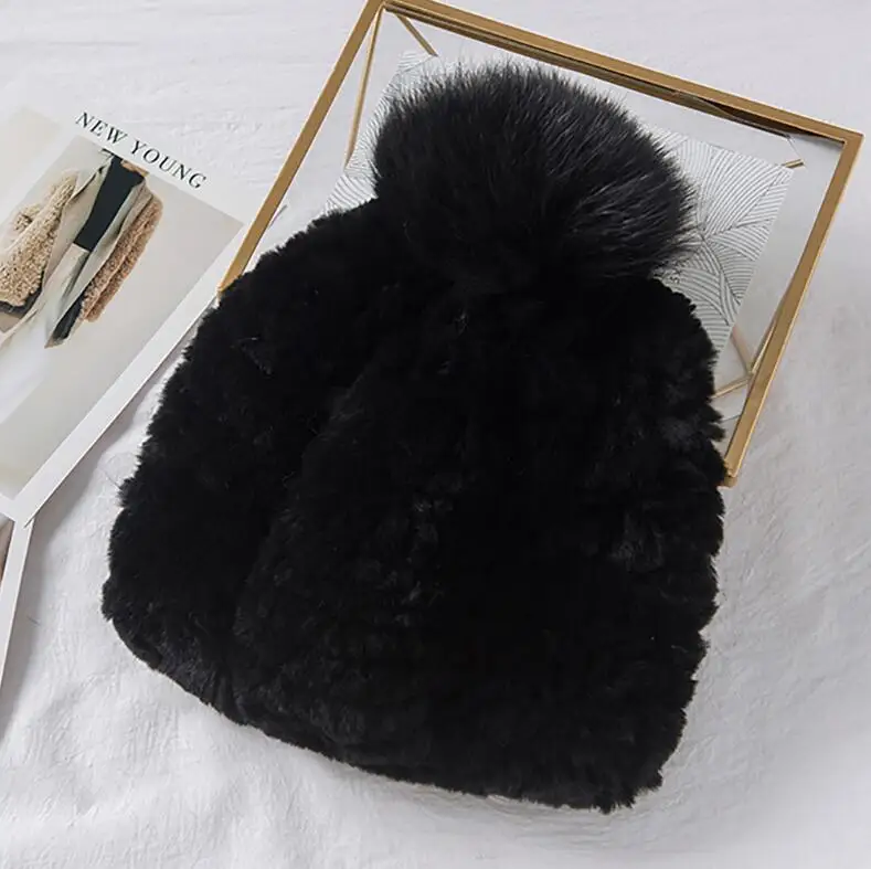 black YC Fur мягкие теплые настоящие меховые шапки головные уборы для женщин эластичные вязаные шапки из меха кролика рекс шапки большого размера помпоны из лисьего меха женская шапка - Цвет: black