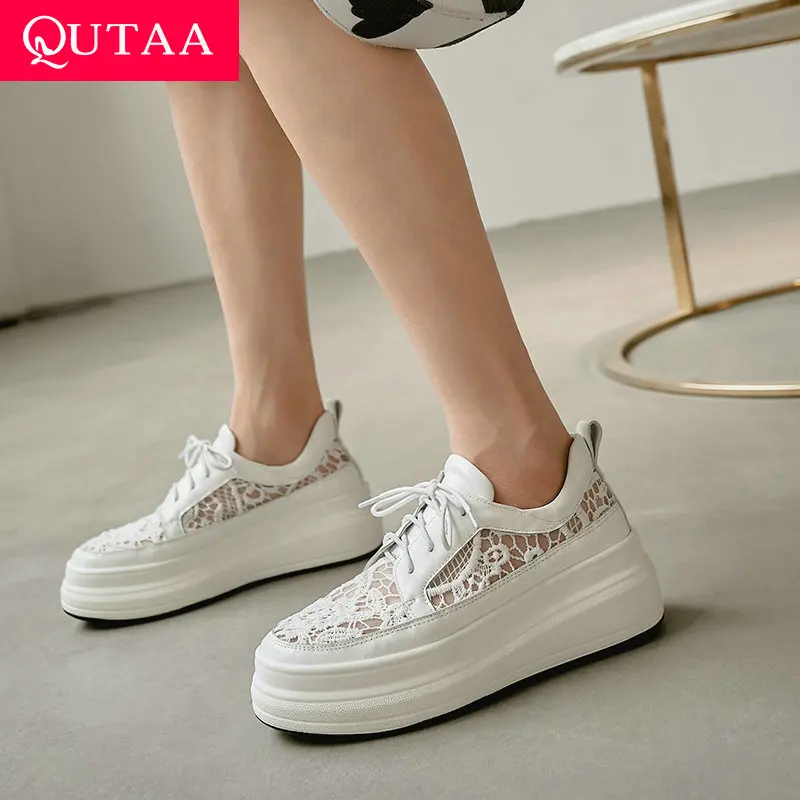 

QUTAA/2021 г. Элегантная женская обувь из натуральной кожи на среднем каблуке без шнуровки весенние туфли-лодочки на шнуровке удобная женская об...