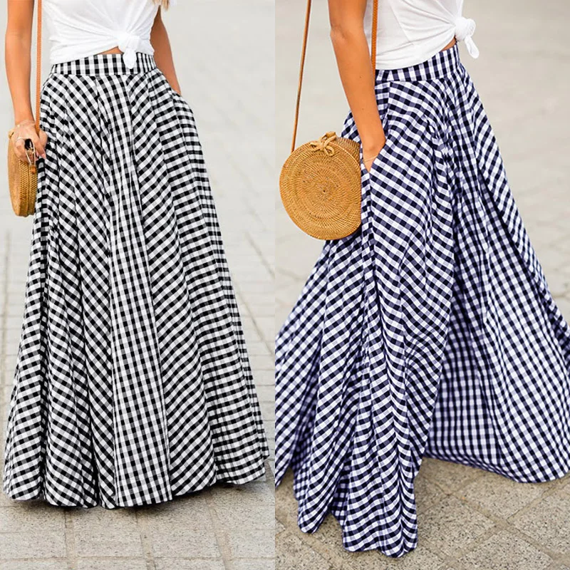 

FAKUNTN Womens Long Skirts 2021 Vintage Plaid Check Skirt Zipper Pleated Faldas Bohemian Jupe Femme Casual Pockets Maxi Skirts