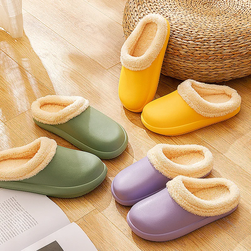 

Winter Cotton Slippers Female Cute Home Indoor Waterproof Warm Cotton Shoes Men Plus Velvet Couple Plush Slippers
