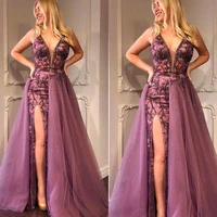 lace prom dresses 2020 deep v neck lace appliques beading sequins detachable skirt side slit long evening dresses gowns