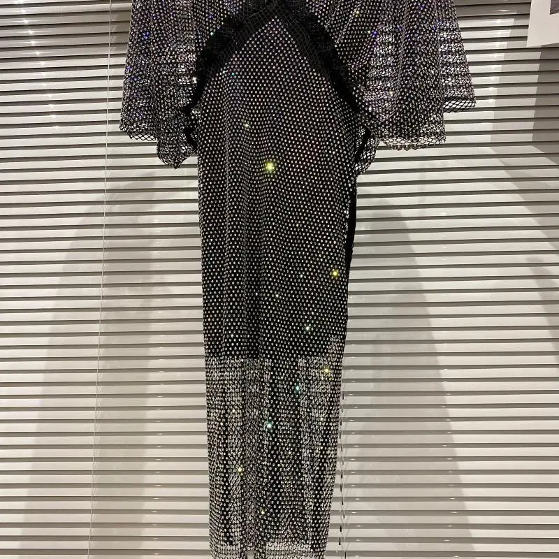 

2021 Spring Summer Women's Long Dress New Rhinestone Shiny Mesh Large V-neck Shirt Inner Tube Top Two-Piece Suit Maxi Dresses