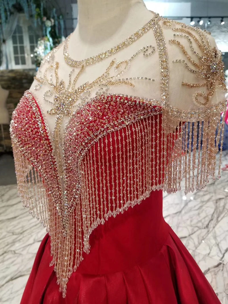

BGW 2021125ht Red A-line Evening Dresses Long Tassel Beaded O Neck Cap Sleeves Shiny Satin Wedding Party Dress 2020 Brush Train