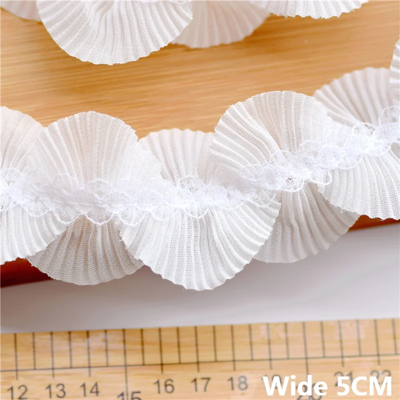 

5CM Wide White Pearl Chiffon Fan-shaped Pleated Mesh Fabric Lace Collar Wave Trim Handmade Dress Apparel DIY Sewing Accessories