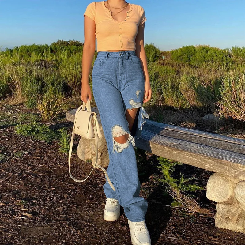 

Hollow Out Distressed Ripped Jeans for Women Casual Vintage Skinny High Waisted Denim Pants s High Street Y2K