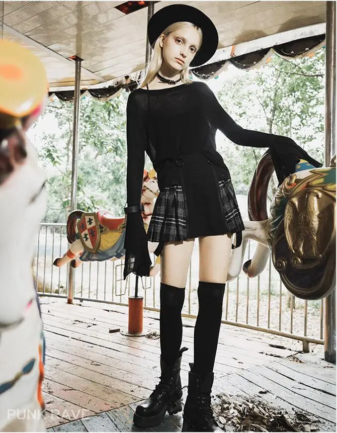 Панк рейв женский Готический Повседневный расклешенный рукав вязаный свитер PM-142