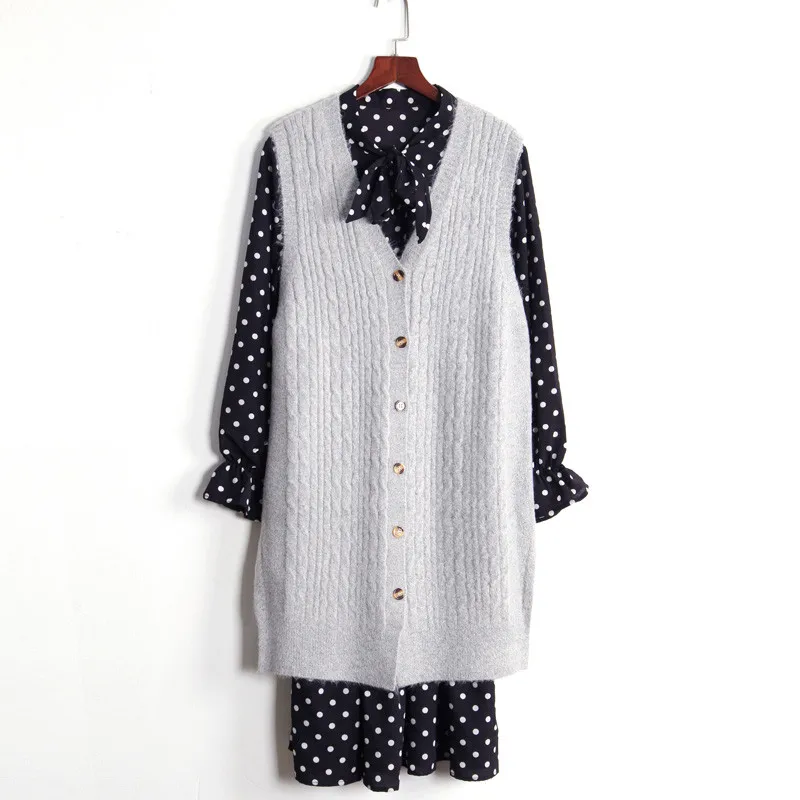 Women Autumn Suit Fashion Sunny Knit Vest and Dress Set Sleeveless Sweater Polka Two Piece Sets Fall Vintage 2 |
