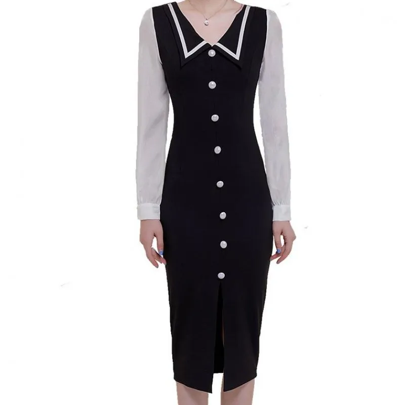 Женское винтажное облегающее платье в морском стиле черное с v-образным вырезом