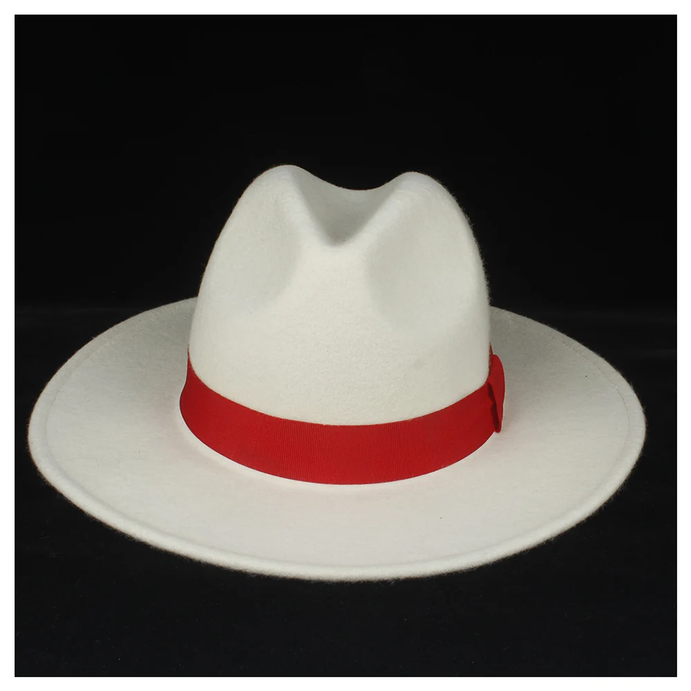 100% шерсть Подлинная женская белая шляпа-федора с красной лентой элегантные