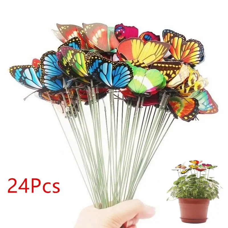 

24pcs Bunch Butterflies Garden Yard Planter Colorful Whimsical Butterfly Stakes Decoracion Outdoor Decor Flower Pots Decoration