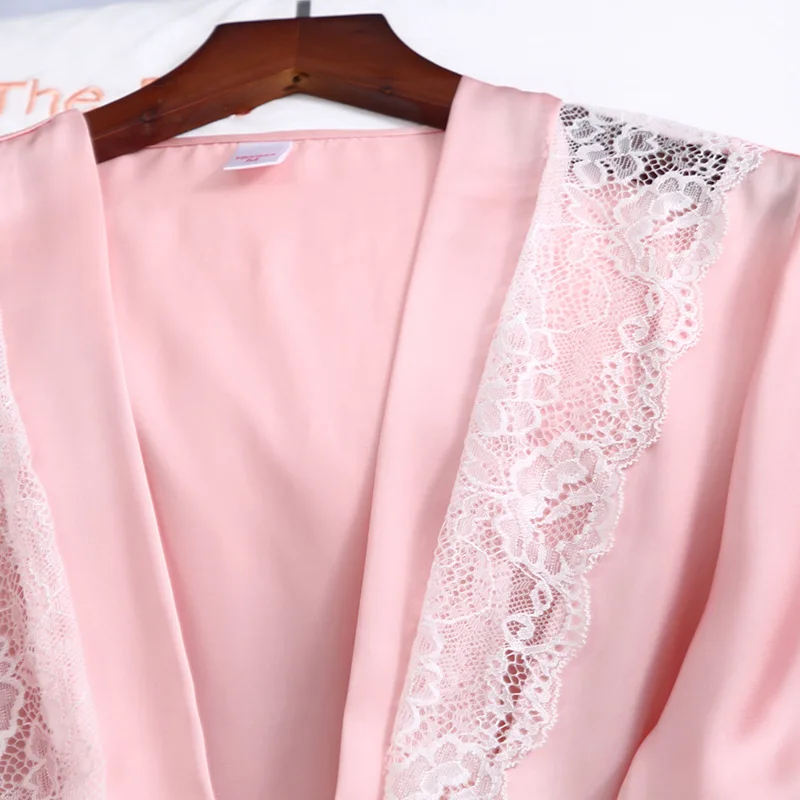 

Pink White Sexy Lace 3PCS Sleepwear Pajama Set Lady Soft Lounge Bathrobe Comfortable Nightwear Satin Nightdress With Chest Pad