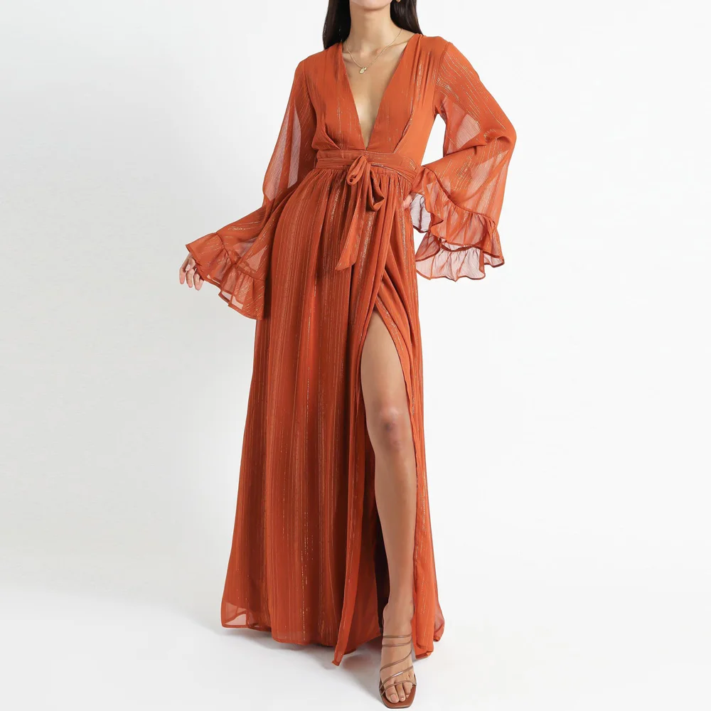 

Ruffled Long Flare Sleeve Maxi Dress Leg Slit Deep V Neck Floor Length Chiffon Robe for Women