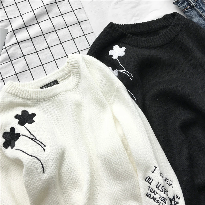 Мода Ретро Вышивка Harajuku корейский шик теплый свитер мужчина женщина новый