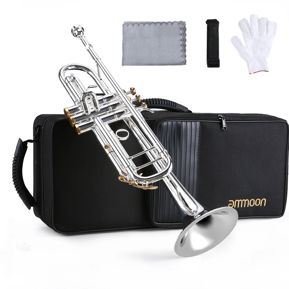 

ammoon Prefessional Bb Trumpet Brass with accessories Material Silver-Plated Surface Beautiful Shell Buttons Wind Instrument