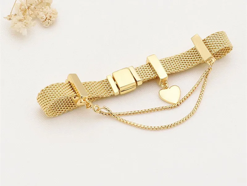 

S925 Sterling Silver Fit Original Pan Moments Gold Bracelets Heart Pendant Securing Clip Charm Beads Bracelet Jewelry Gift