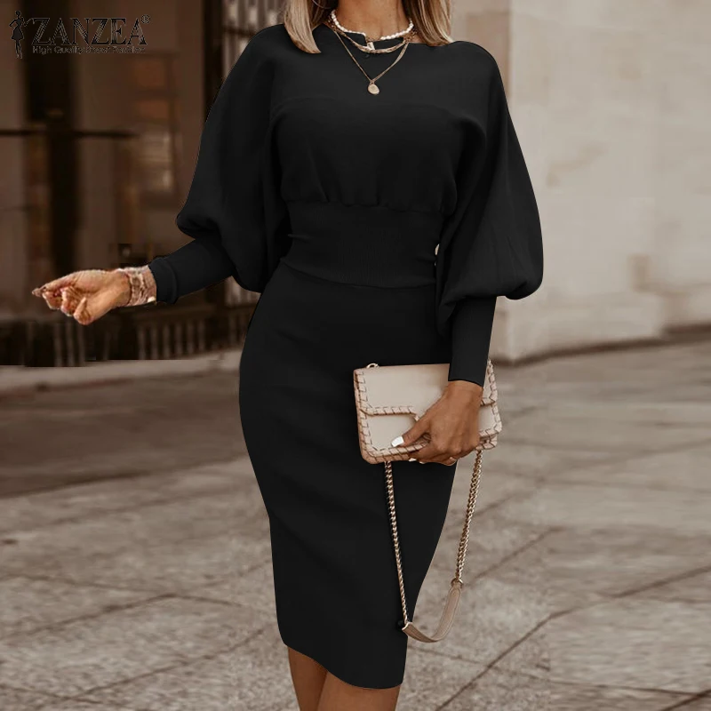 ZANZEA Stylish Women Bodycorn Dress Autumn Elegant Long Lantren Sleeve Slim Fit OL Sundress Femme Robe Solid Party Midi Vestidos