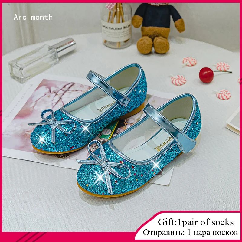 2021Princess Kids Leather Shoes for Girls Flower Casual Glitter Children High Heel Girls Shoes Butterfly Knot Blue Pink Silver