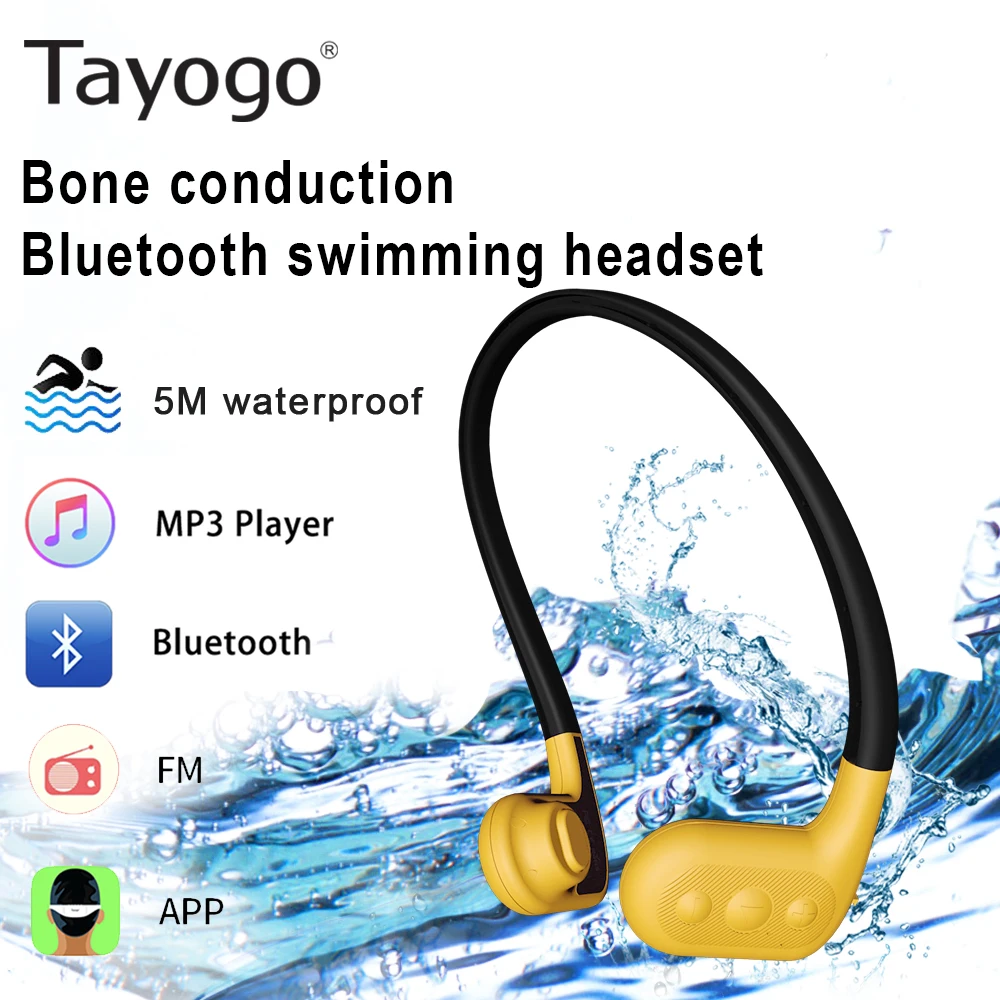 

Tayogo Bluetooth Bone conduction Headphone Bulit-in Mp3 Player with FM APP Pedometer IPX8 Waterproof 8GB Swimming Music Player