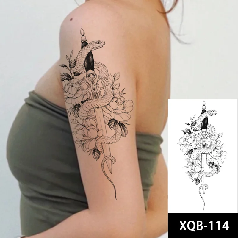 Водостойкая Временная тату-наклейка черная змея треугольная линия волк Череп