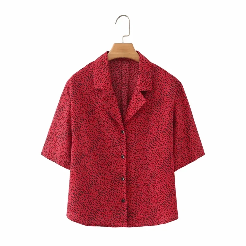 

MosiMolly Sexy Red Leopard Print Blouses Women Summer Blouses Notched Collar Short Sleeve Blouses Female Blusas 2021