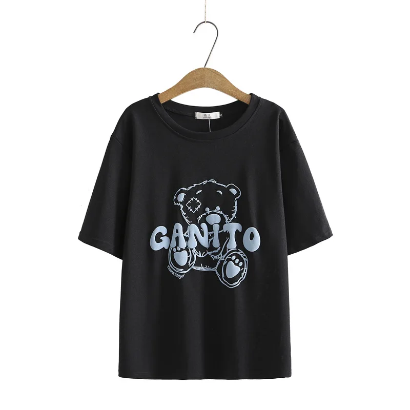 

New 2021 Ladies Summer Plus Size Tops For Women Large Short Sleeve Loose Black White Print Bear O-neck T-Shirt 3XL 4XL 5XL 6XL